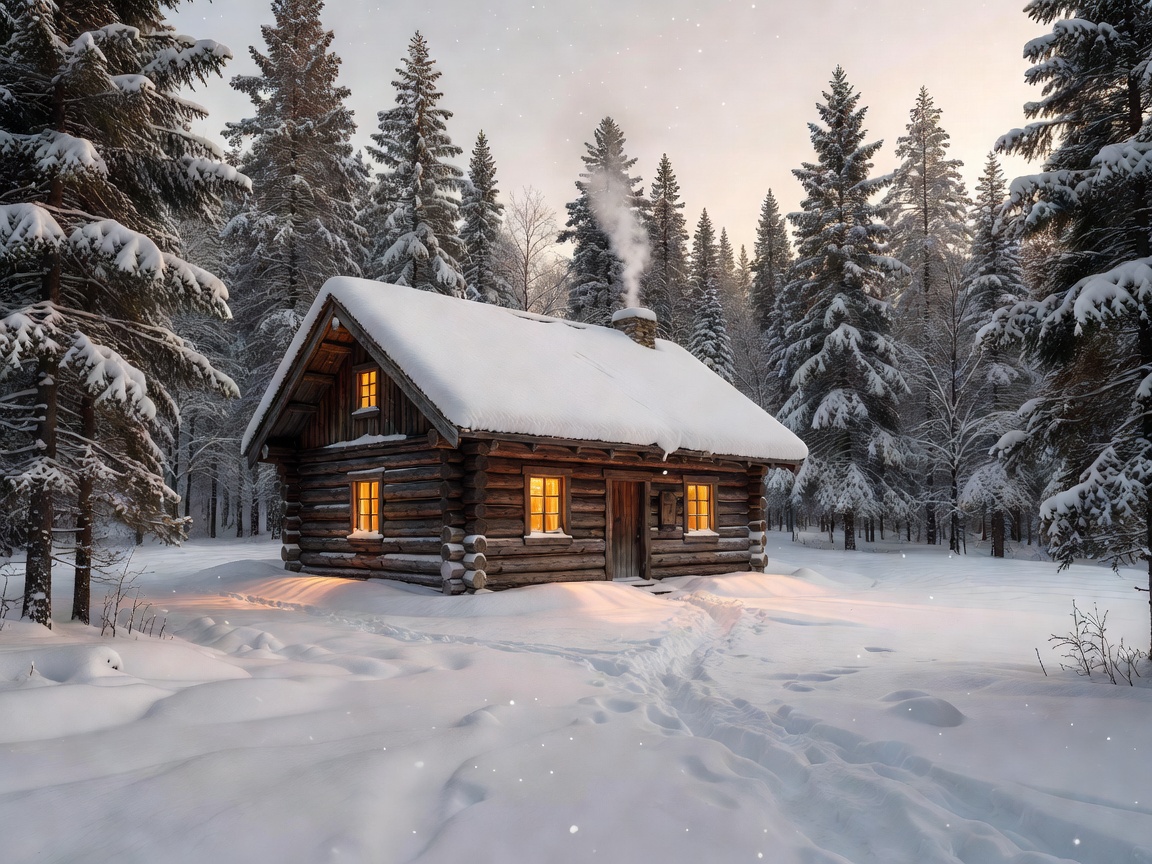 Cozy winter cabin glowing warmly in the snow