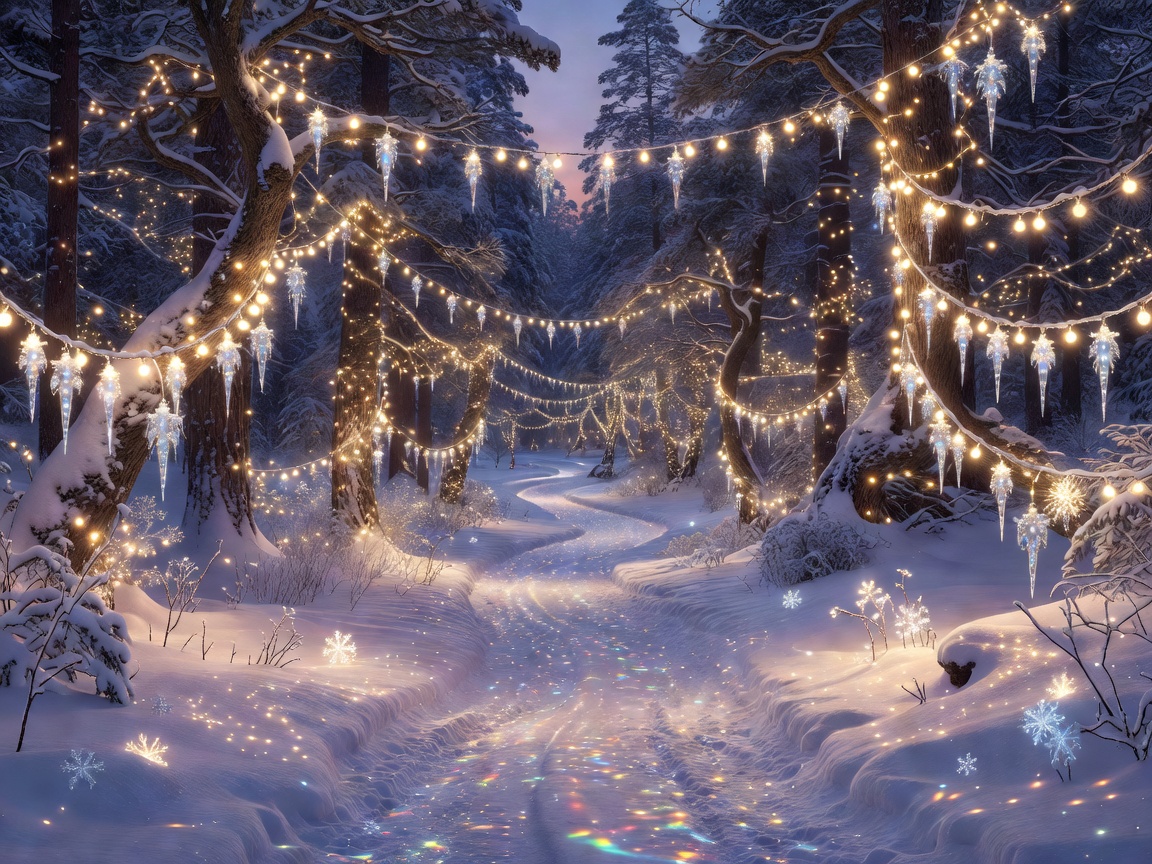 Enchanted snowy path illuminated by festive holiday lights
