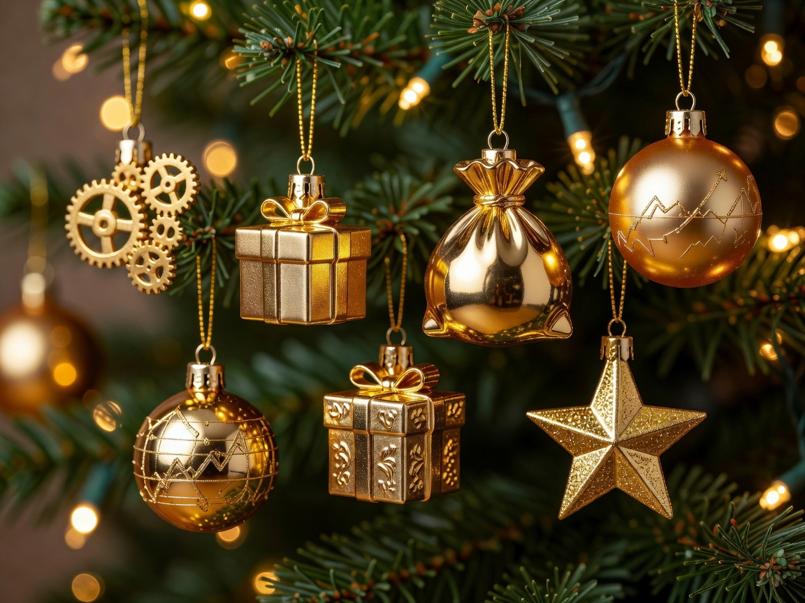 Golden Christmas ornaments representing holiday bonus events