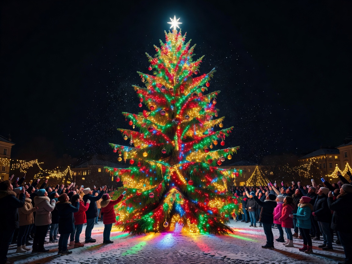 Grand glowing Christmas tree during a spectacular lighting celebration
