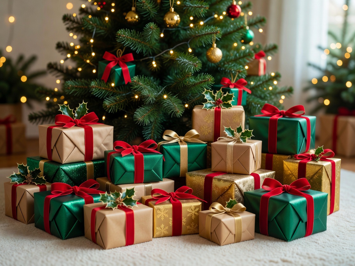 Beautifully wrapped Christmas presents and daily gift boxes